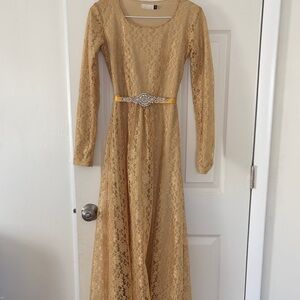 Gold Lace Long-Sleeve Maxi Dress with Embellished Belt